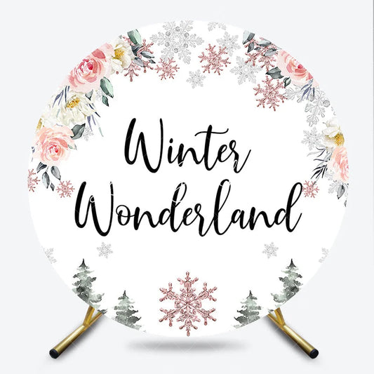 Lofaris Pink and White Floral Winter Wonderland Round Backdrop with Rose Gold Snowflakes Elegant Party Decor