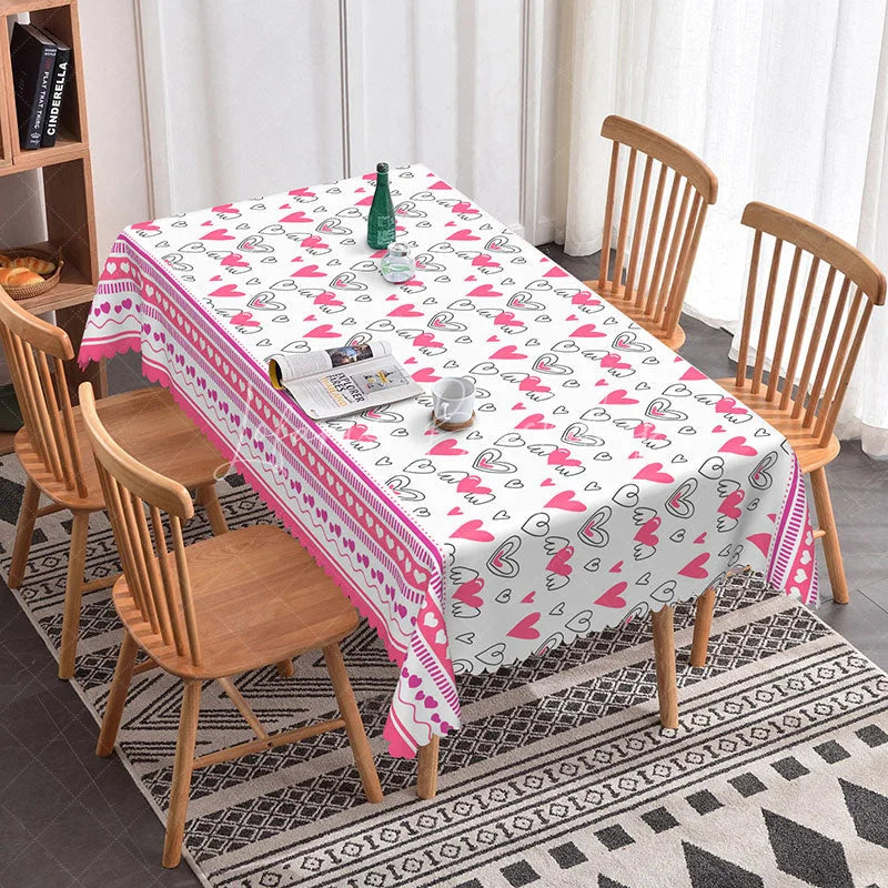 Lofaris Pink and White Sketch Heart Rectangle Tablecloth Sweet Love Doodle Design Girls Valentine Party Decor