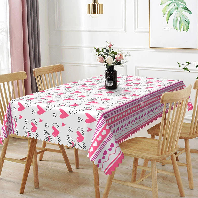 Lofaris Pink and White Sketch Heart Rectangle Tablecloth Sweet Love Doodle Design Girls Valentine Party Decor