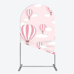 Lofaris Pink and White Striped Hot Air Balloon Cloud Round Top Arch Backdrop Cartoon Baby Shower Birthday Party Decor