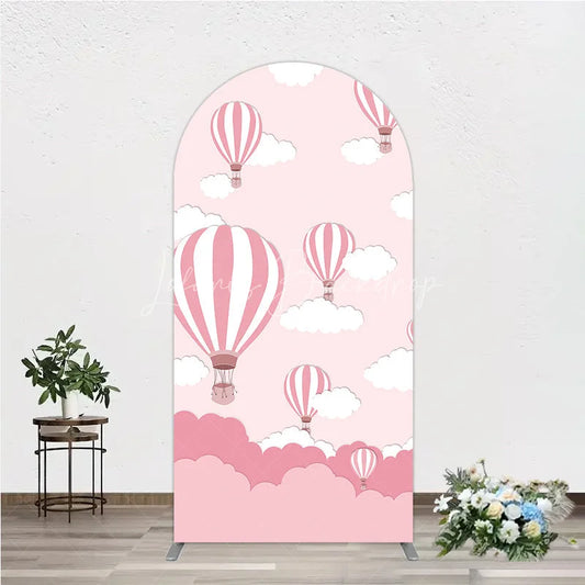 Lofaris Pink and White Striped Hot Air Balloon Cloud Round Top Arch Backdrop Cartoon Baby Shower Birthday Party Decor