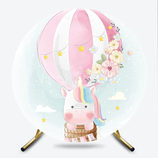 Lofaris Pink and White Striped Hot Air Balloon Unicorn Round Backdrop Pastel Flowers Stars for Baby Shower Birthday Party