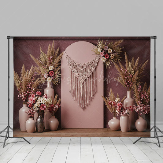 Lofaris Pink Arch Boho Floral Feather Wedding Photo Backdrop