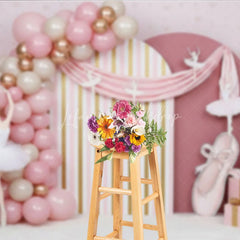 Lofaris Pink Ballerina and Golden Stripes Backdrop Ballet Tutu Ribbon Decor for Girl Birthday Cake Smash