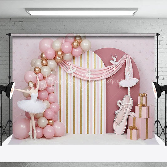 Lofaris Pink Ballerina and Golden Stripes Backdrop Ballet Tutu Ribbon Decor for Girl Birthday Cake Smash
