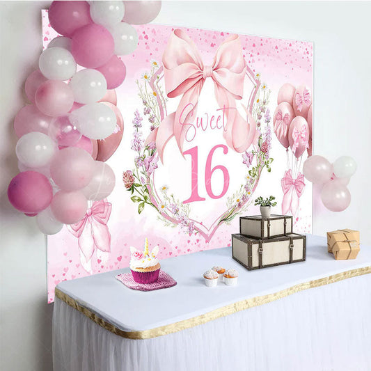 Lofaris Pink Balloons Bow Floral Sweet 16 Birthday Backdrop