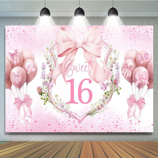 Lofaris Pink Balloons Bow Floral Sweet 16 Birthday Backdrop