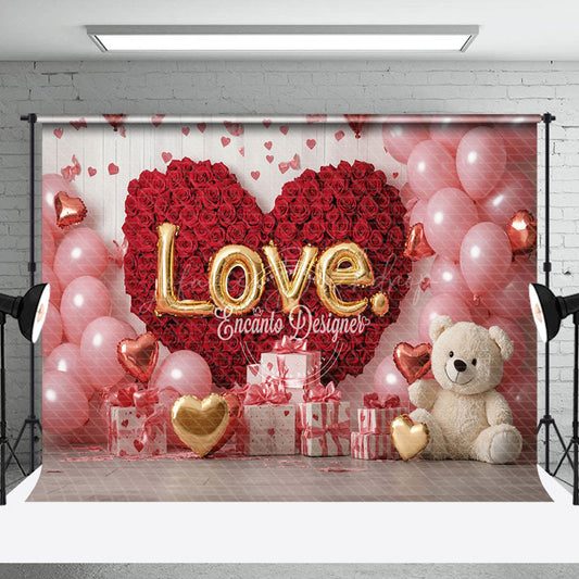 Lofaris Pink Balloons Red Rose Bear Valentines Day Backdrop