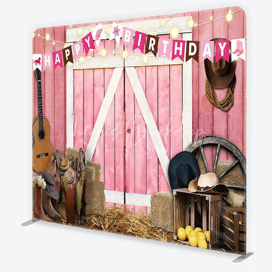 Lofaris Pink Barn Door Happy Birthday Square Double-Sided Backdrop Rustic Country Western Farm Party Decor with Cowboy Elements