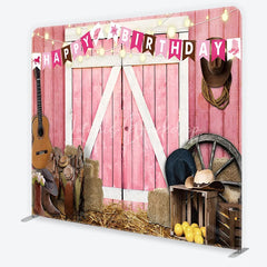 Lofaris Pink Barn Door Happy Birthday Square Double-Sided Backdrop Rustic Country Western Farm Party Decor with Cowboy Elements