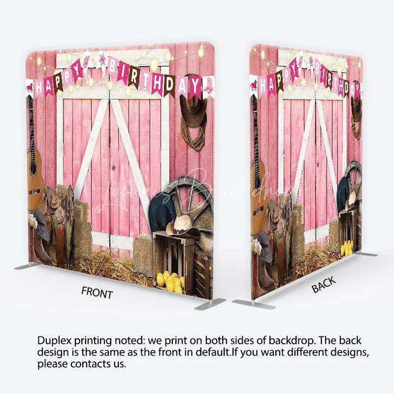 Lofaris Pink Barn Door Happy Birthday Square Double-Sided Backdrop Rustic Country Western Farm Party Decor with Cowboy Elements