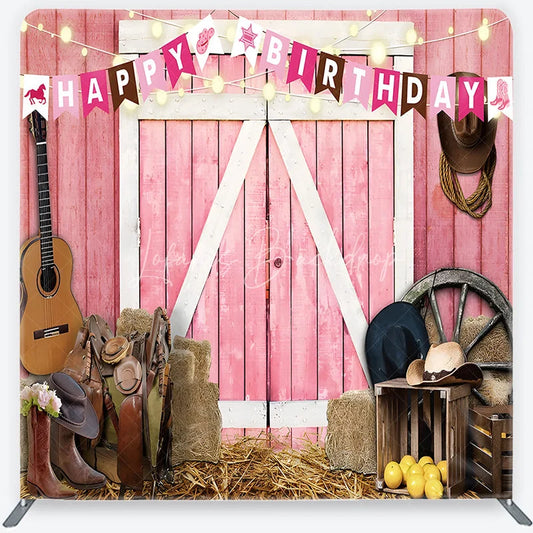 Lofaris Pink Barn Door Happy Birthday Square Double-Sided Backdrop Rustic Country Western Farm Party Decor with Cowboy Elements