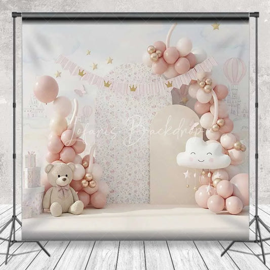 Lofaris Pink Bear Cake Smash Backdrop Balloon Garland Castle Background Girl 1st Birthday Princess Cloud Photography Prop