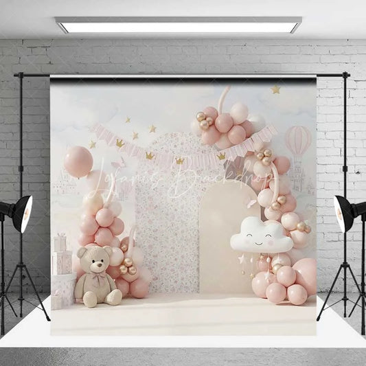 Lofaris Pink Bear Cake Smash Backdrop Balloon Garland Castle Background Girl 1st Birthday Princess Cloud Photography Prop