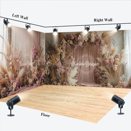 Lofaris Pink Beige Boho Floral Curtain Room Set Backdrop
