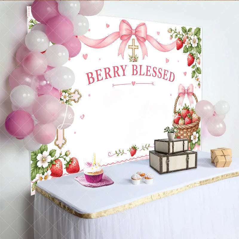 Lofaris Pink Berry Blessed Strawberry Birthday Backdrop with Cross and Gingham Ribbon Sweet Floral Basket Decor