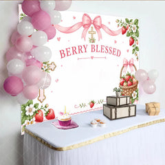 Lofaris Pink Berry Blessed Strawberry Birthday Backdrop with Cross and Gingham Ribbon Sweet Floral Basket Decor