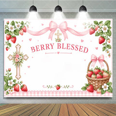 Lofaris Pink Berry Blessed Strawberry Birthday Backdrop with Cross and Gingham Ribbon Sweet Floral Basket Decor