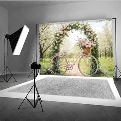 Lofaris Pink Bicycle and Floral Arch Photography Backdrop Spring Garden Peonies Roses Romantic Outdoor Scene