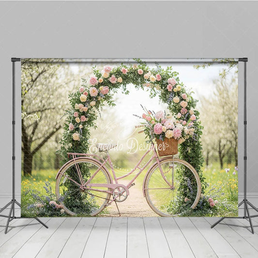 Lofaris Pink Bicycle and Floral Arch Photography Backdrop Spring Garden Peonies Roses Romantic Outdoor Scene