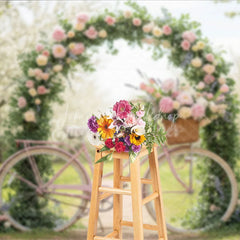 Lofaris Pink Bicycle and Floral Arch Photography Backdrop Spring Garden Peonies Roses Romantic Outdoor Scene