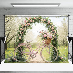 Lofaris Pink Bicycle and Floral Arch Photography Backdrop Spring Garden Peonies Roses Romantic Outdoor Scene