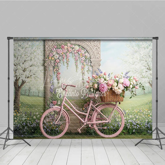 Lofaris Pink Bicycle and Floral Arch Spring Garden Photography Backdrop Whimsical Pastel Flowers for Party Decor