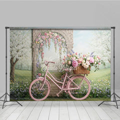 Lofaris Pink Bicycle and Floral Arch Spring Garden Photography Backdrop Whimsical Pastel Flowers for Party Decor
