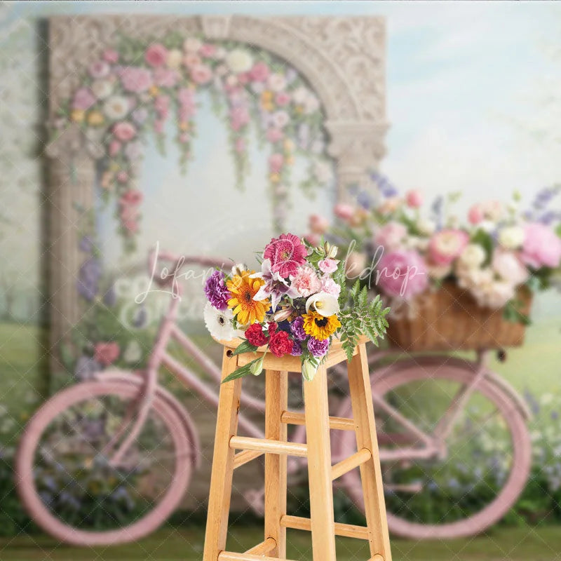 Lofaris Pink Bicycle and Floral Arch Spring Garden Photography Backdrop Whimsical Pastel Flowers for Party Decor
