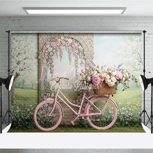 Lofaris Pink Bicycle and Floral Arch Spring Garden Photography Backdrop Whimsical Pastel Flowers for Party Decor
