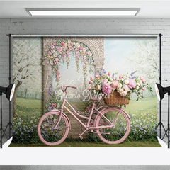 Lofaris Pink Bicycle and Floral Arch Spring Garden Photography Backdrop Whimsical Pastel Flowers for Party Decor