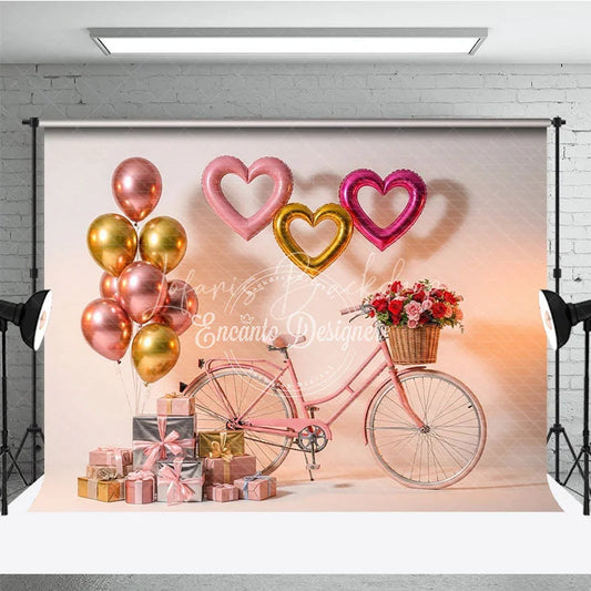 Lofaris Pink Bicycle Valentine Day Backdrop Rose Basket Heart Balloons Gift Box Background Romantic Photography Banner