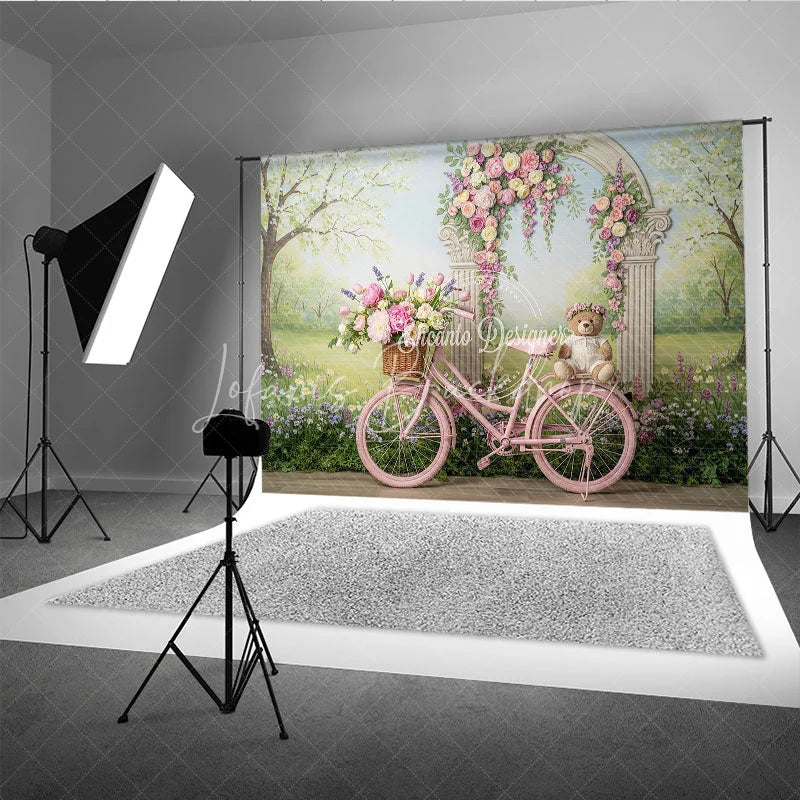 Lofaris Pink Bicycle with Floral Arch and Teddy Bear Photography Backdrop Spring Garden Theme for Baby Shower