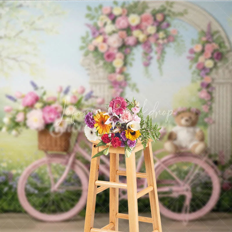 Lofaris Pink Bicycle with Floral Arch and Teddy Bear Photography Backdrop Spring Garden Theme for Baby Shower