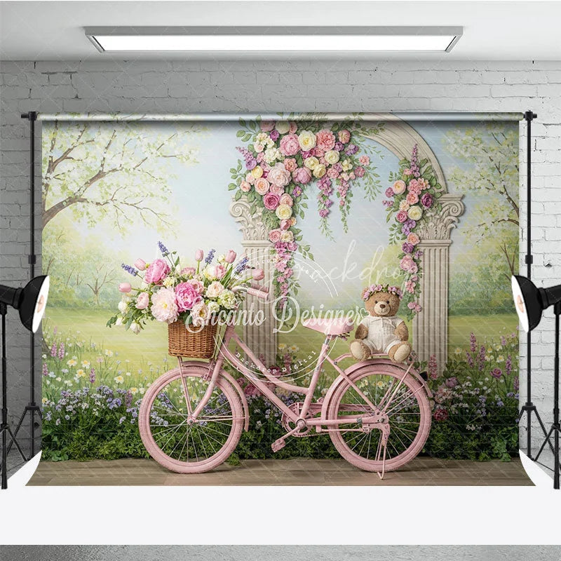 Lofaris Pink Bicycle with Floral Arch and Teddy Bear Photography Backdrop Spring Garden Theme for Baby Shower