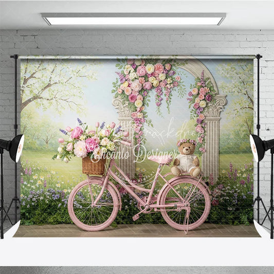 Lofaris Pink Bicycle with Floral Arch and Teddy Bear Photography Backdrop Spring Garden Theme for Baby Shower