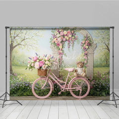 Lofaris Pink Bicycle with Floral Arch and Teddy Bear Photography Backdrop Spring Garden Theme for Baby Shower