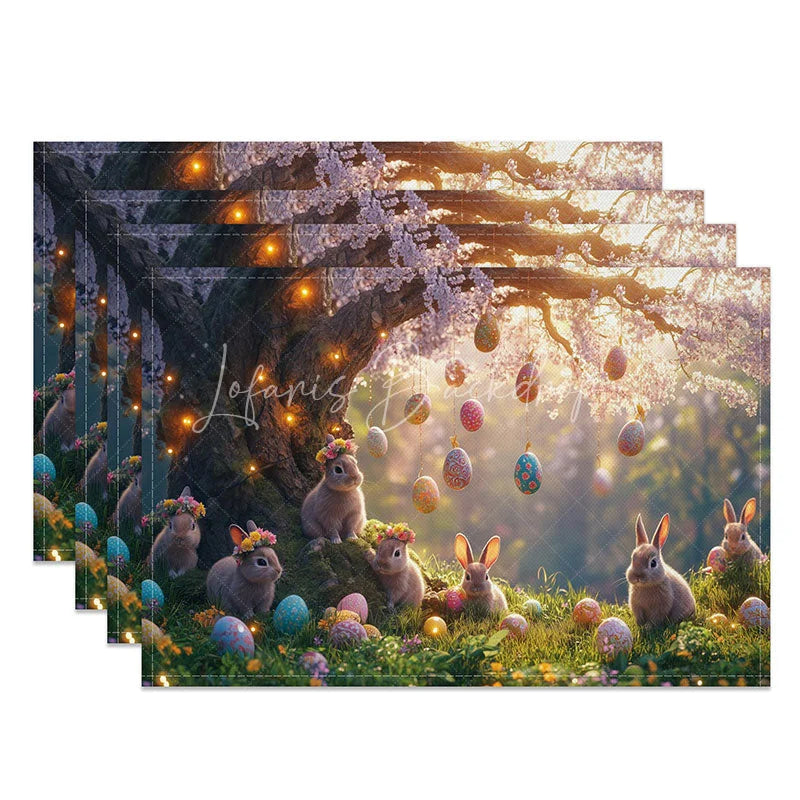 Lofaris Pink Blossom Bunny Set of 4 Placemats Spring Flower Tree Easter Holiday Table Mats Decor