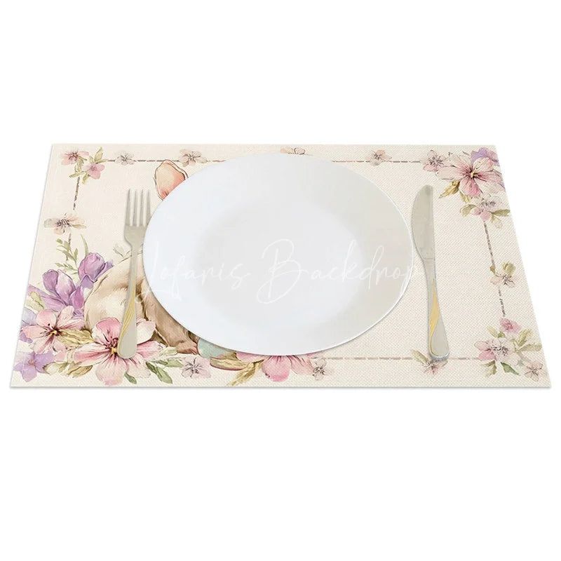 Lofaris Pink Blossom Easter Bunny Set of 4 Placemats Blue Egg Rabbit Spring Table Mats for Holiday