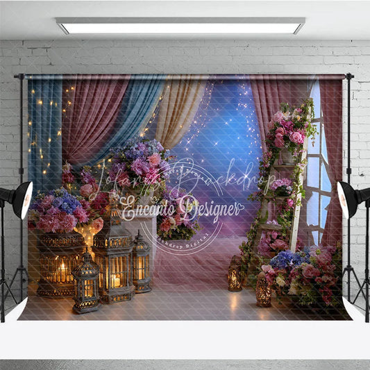 Lofaris Pink Blue Floral Photography Backdrop with Lanterns and Starry Sky Dreamy Fairy Tale Party Decor
