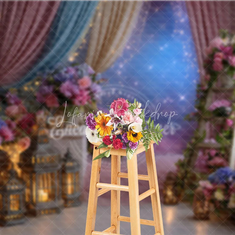 Lofaris Pink Blue Floral Photography Backdrop with Lanterns and Starry Sky Dreamy Fairy Tale Party Decor