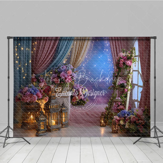 Lofaris Pink Blue Floral Photography Backdrop with Lanterns and Starry Sky Dreamy Fairy Tale Party Decor