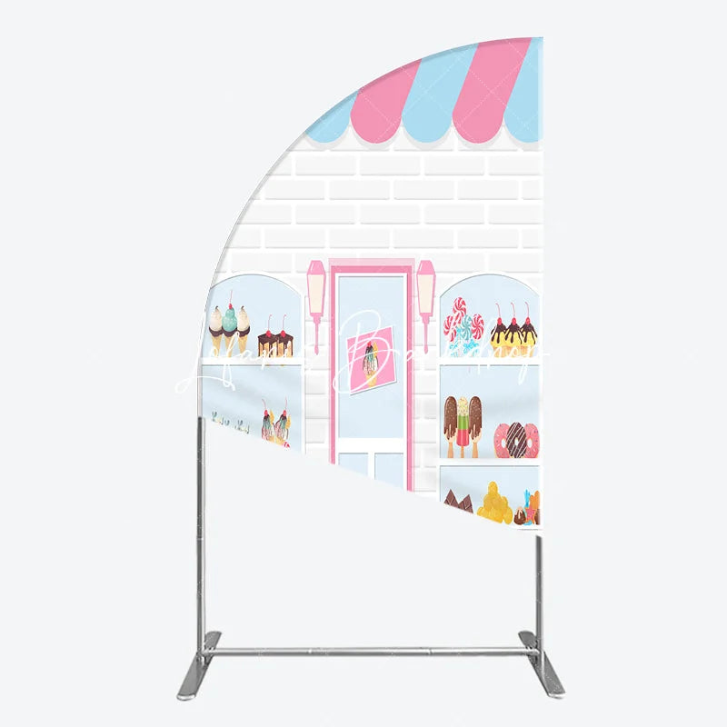 Lofaris Pink Blue Striped Awning Candy Shop Ice Cream Half Moon Arch Backdrop Sweet Dessert Birthday Party Decor