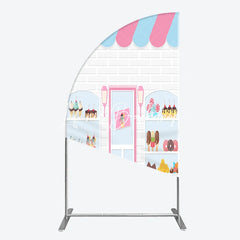 Lofaris Pink Blue Striped Awning Candy Shop Ice Cream Half Moon Arch Backdrop Sweet Dessert Birthday Party Decor