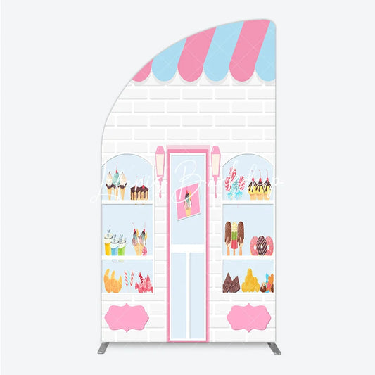 Lofaris Pink Blue Striped Awning Candy Shop Ice Cream Half Moon Arch Backdrop Sweet Dessert Birthday Party Decor