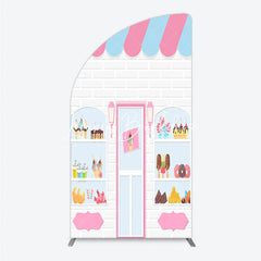 Lofaris Pink Blue Striped Awning Candy Shop Ice Cream Half Moon Arch Backdrop Sweet Dessert Birthday Party Decor
