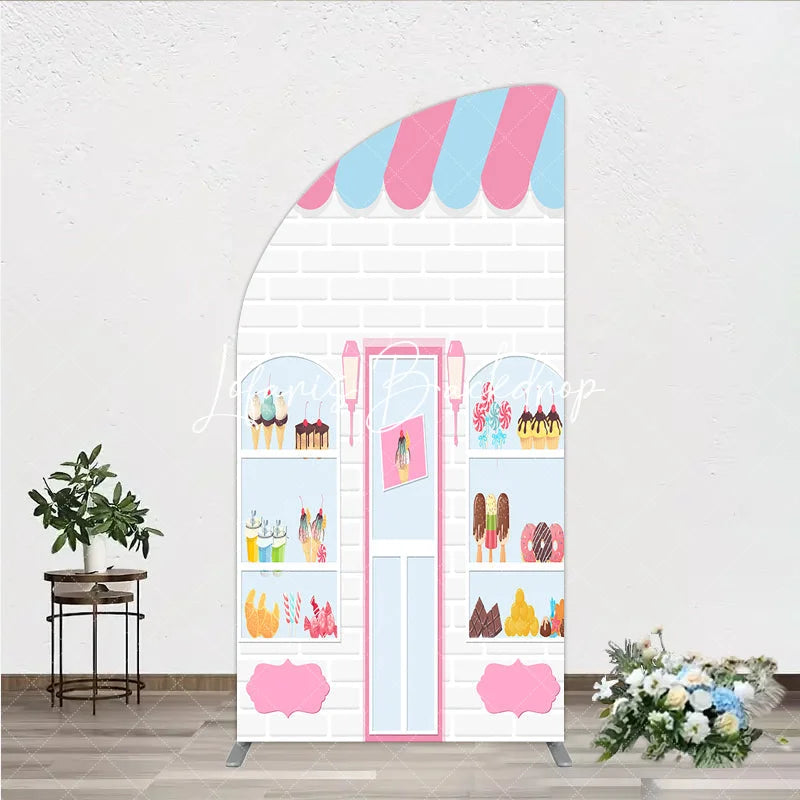 Lofaris Pink Blue Striped Awning Candy Shop Ice Cream Half Moon Arch Backdrop Sweet Dessert Birthday Party Decor