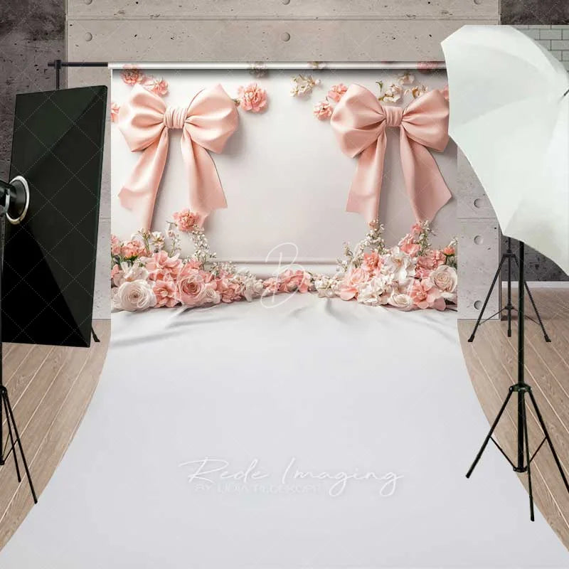 Lofaris Pink Bow 3D Floral Cloth Sweep Photography Backdrop Elegant Wedding Relief Flower Silk Floor Photo Prop
