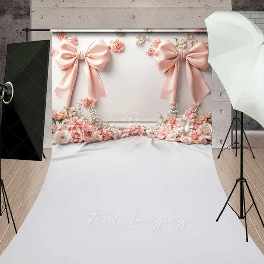 Lofaris Pink Bow 3D Floral Cloth Sweep Photography Backdrop Elegant Wedding Relief Flower Silk Floor Photo Prop