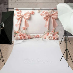 Lofaris Pink Bow 3D Floral Cloth Sweep Photography Backdrop Elegant Wedding Relief Flower Silk Floor Photo Prop